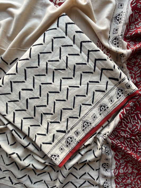 Brick Red & Cream Hand Block Printed Mul Cotton Unstitched Suit Set with Mul Duppata - 36114
