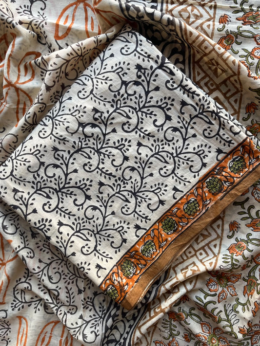 Cream Shade Hand Block Printed Mul Cotton Unstitched Suit Set with Mul Duppata - 36115