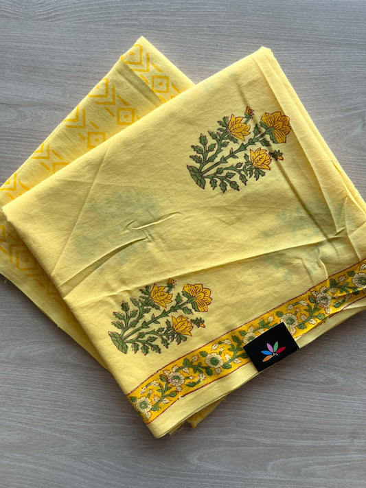 Sun Yellow Hand Block Printed Mul Cotton Unstitched 2-Piece Suit Set - 36117