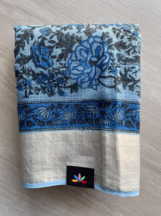 Big Border Hand block Printed Kota Doria Saree - 36135-36136