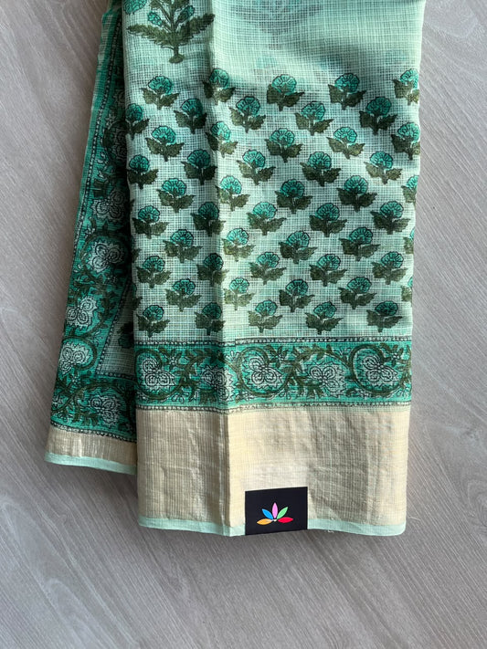 Big Border Hand block Printed Kota Doria Saree - 36139-36140