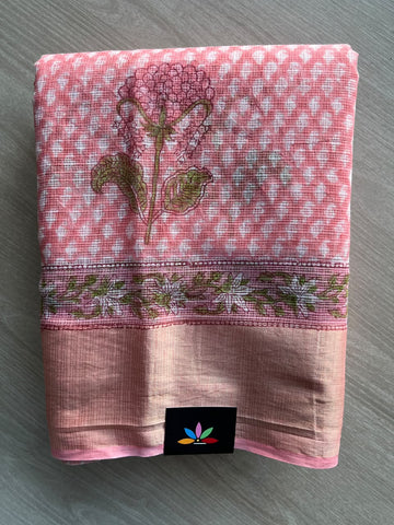 Big Border Hand block Printed Kota Doria Saree - 36141-36142