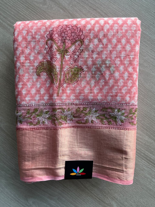 Big Border Hand block Printed Kota Doria Saree - 36141-36142