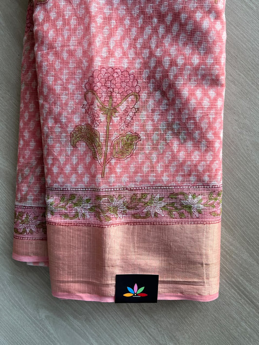 Big Border Hand block Printed Kota Doria Saree - 36141-36142
