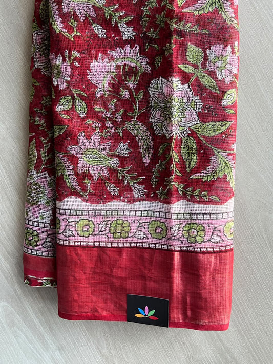 Big Border Hand block Printed Kota Doria Saree - 36143-36144