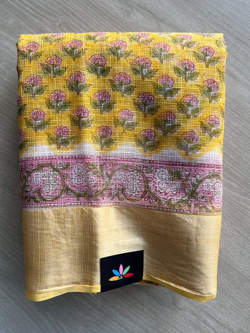 Big Border Hand block Printed Kota Doria Saree - 36145-36146