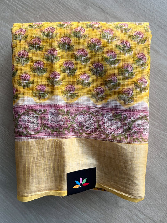 Big Border Hand block Printed Kota Doria Saree - 36145-36146