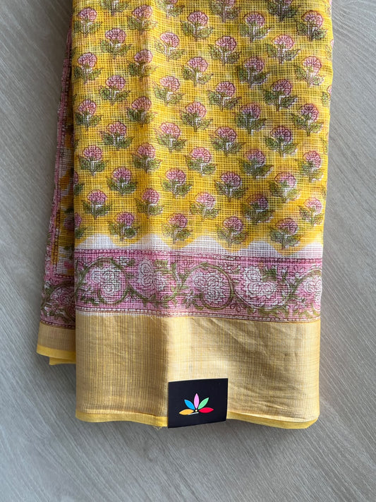 Big Border Hand block Printed Kota Doria Saree - 36145-36146