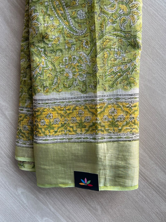 Big Border Hand block Printed Kota Doria Saree - 36147-36148