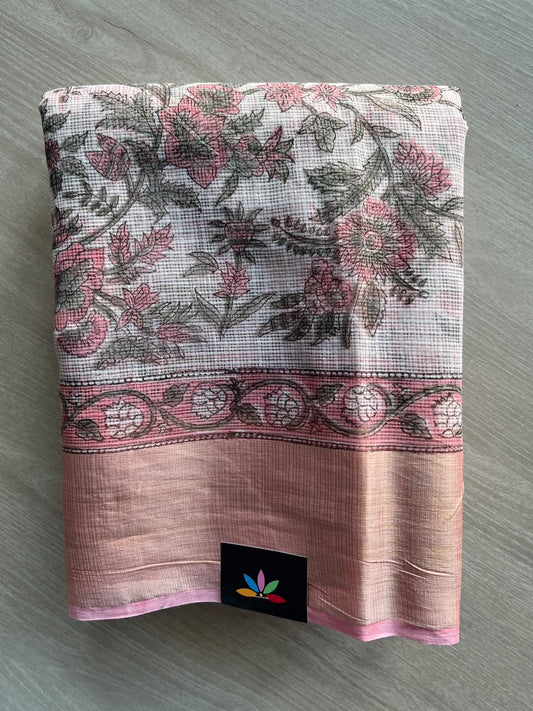 Big Border Hand block Printed Kota Doria Saree - 36149-36150