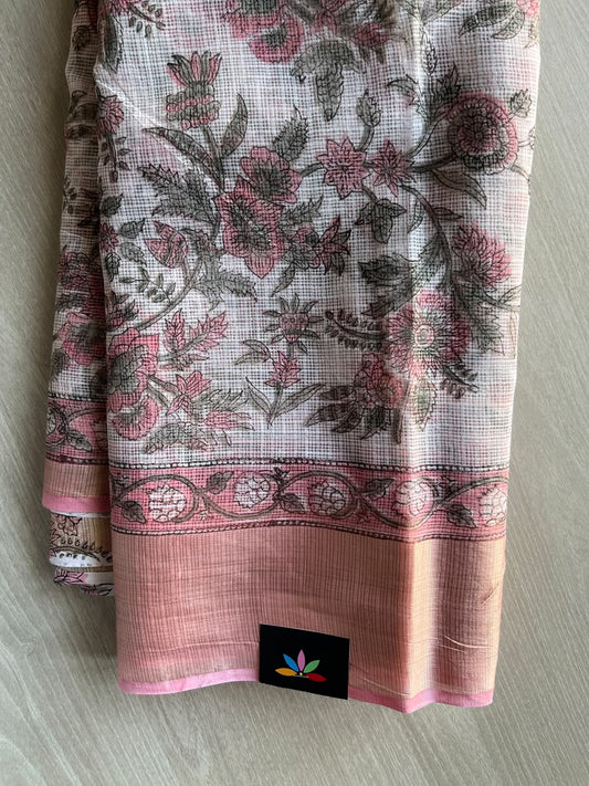 Big Border Hand block Printed Kota Doria Saree - 36149-36150