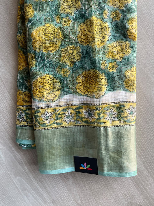 Big Border Hand block Printed Kota Doria Saree - 36151-36152