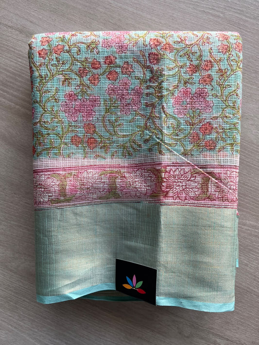 Big Border Hand block Printed Kota Doria Saree - 36155-36156