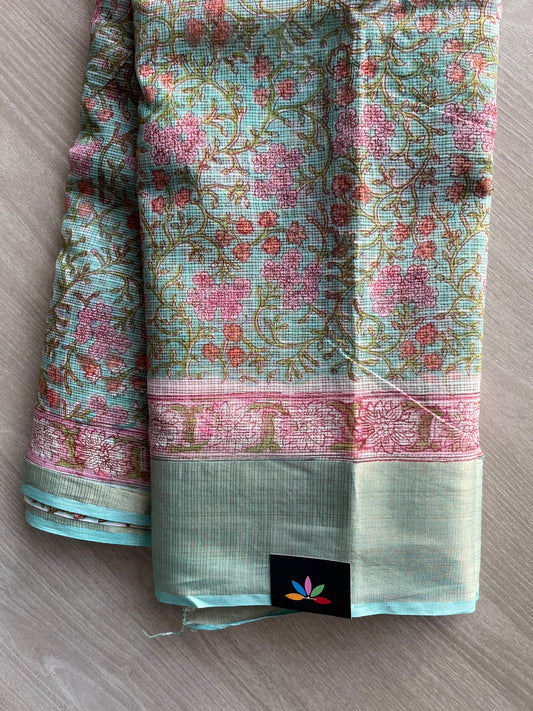 Big Border Hand block Printed Kota Doria Saree - 36155-36156