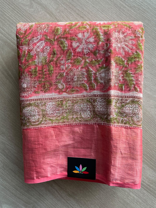 Big Border Hand block Printed Kota Doria Saree - 36159-36160