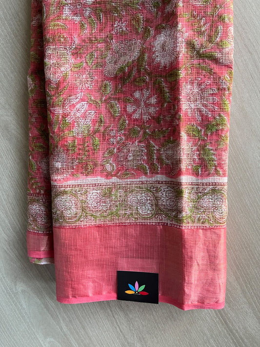 Big Border Hand block Printed Kota Doria Saree - 36159-36160