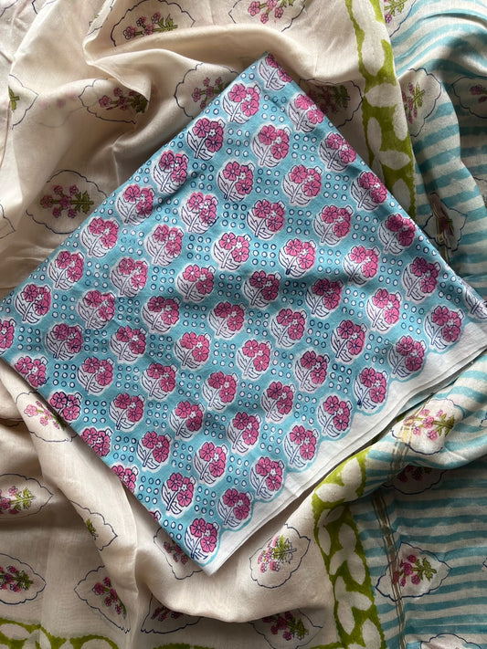 Light Cream & Light Blue Hand Block Printed Chanderi Cotton Silk 3 Piece Set - 36164