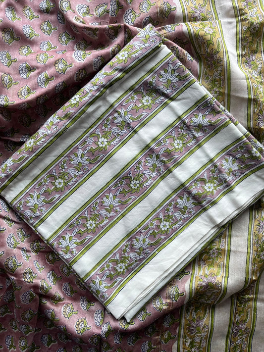 Dusty Rose Hand Block Printed Chanderi Cotton Silk 3 Piece Set - 36165