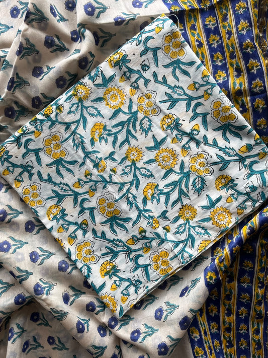 Saffron Yellow & Off-White Hand Block Printed Chanderi Cotton Silk 3 Piece Set - 36166