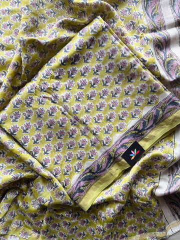 Hand Block Printed Chanderi Cotton Silk 3 Piece Set - 36167