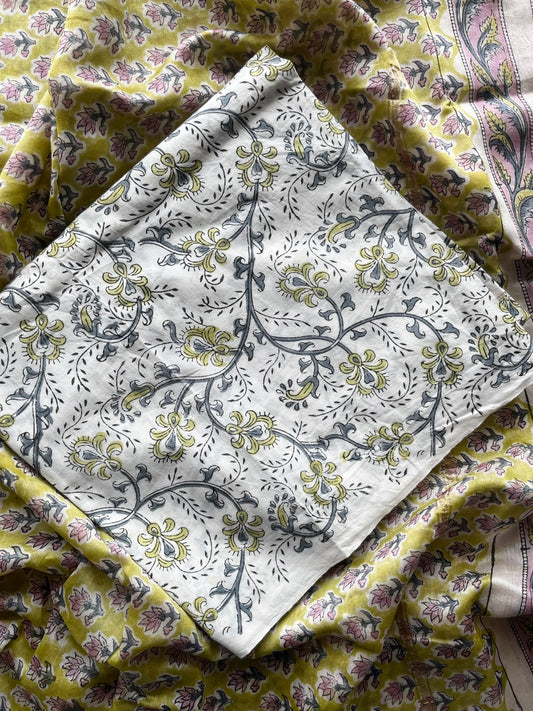 Citron Yellow & Off-White Hand Block Printed Chanderi Cotton Silk 3 Piece Set - 36167