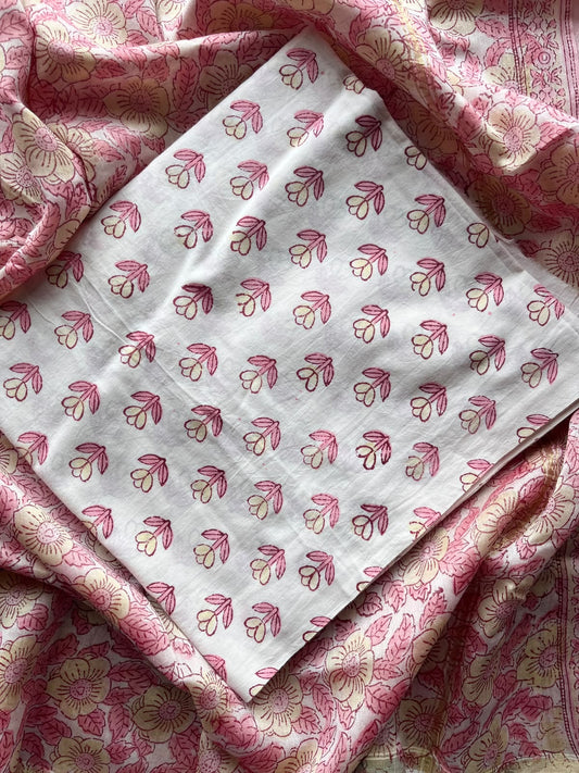 Icy Pink Hand Block Printed Chanderi Cotton Silk 3 Piece Set - 36169