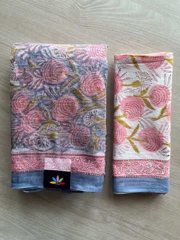 Hand block Printed Kota Doria Saree - 36171-36172