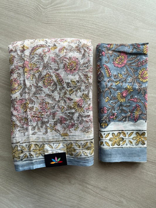 Off-White Hand block Printed Kota Doria Saree - 36173-36174