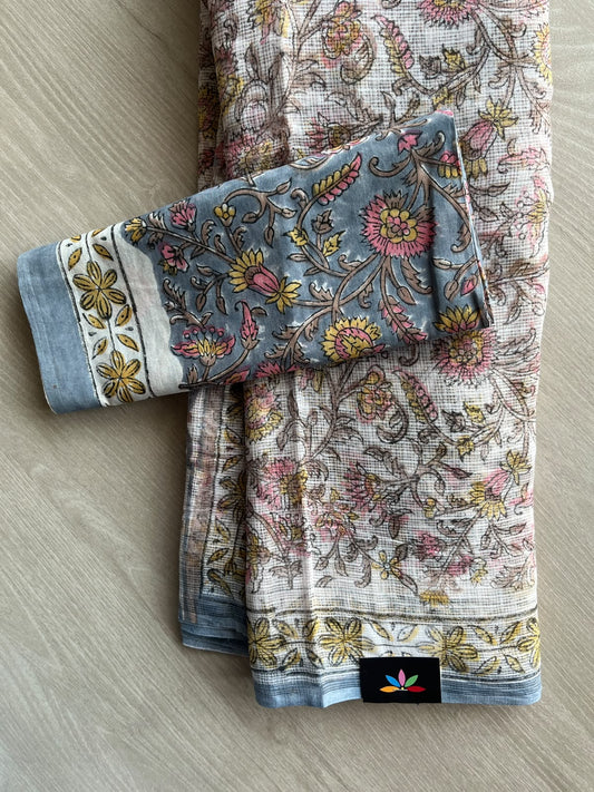 Off-White Hand block Printed Kota Doria Saree - 36173-36174