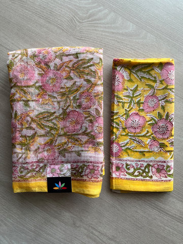 Hand block Printed Kota Doria Saree - 36179-36180