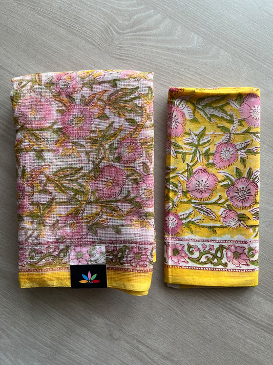 Golden Yellow & Off-White Hand block Printed Kota Doria Saree - 36179-36180