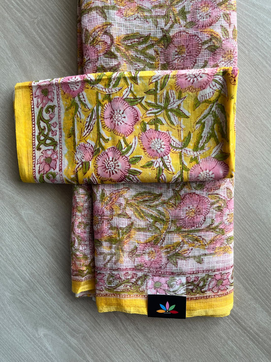 Golden Yellow & Off-White Hand block Printed Kota Doria Saree - 36179-36180