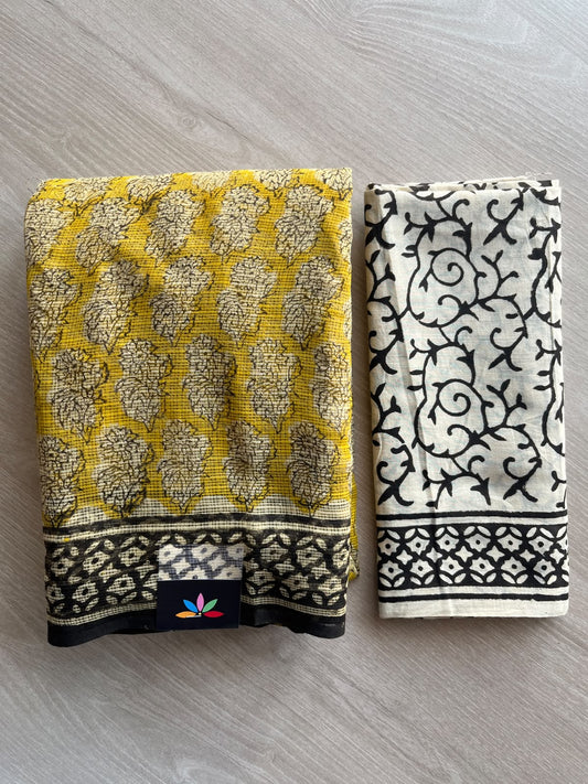 Mustard Yellow Hand block Printed Kota Doria Saree - 36183-36184