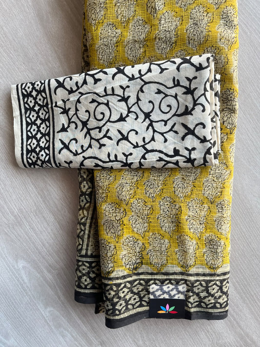 Mustard Yellow Hand block Printed Kota Doria Saree - 36183-36184