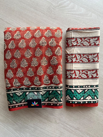 Hand block Printed Kota Doria Saree - 36187-36188