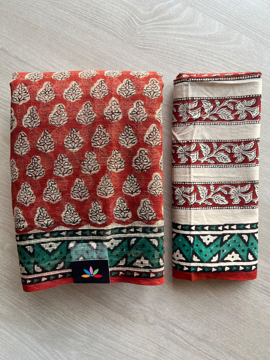 Dusty Red Hand block Printed Kota Doria Saree - 36187-36188