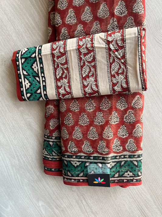Dusty Red Hand block Printed Kota Doria Saree - 36187-36188