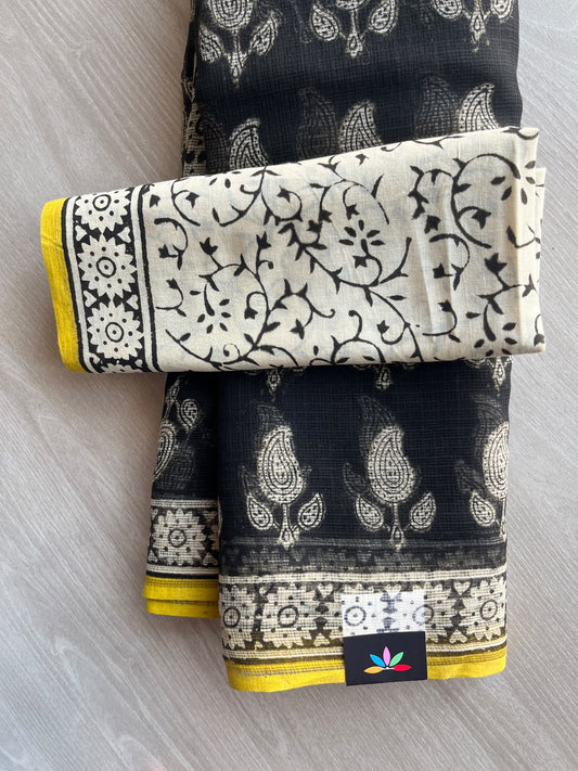 Black Hand block Printed Kota Doria Saree - 36189-36190
