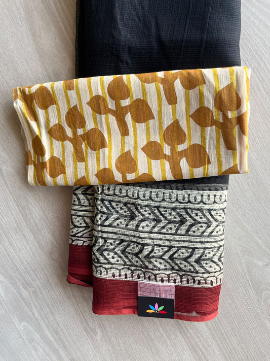 Black Hand block Printed Kota Doria Saree - 36193-36194