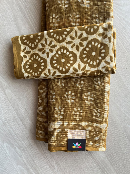 Mustard Brown Hand block Printed Kota Doria Saree - 36195-36196