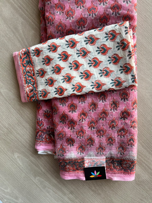Dull Pink Hand block Printed Kota Doria Saree - 36203-36206