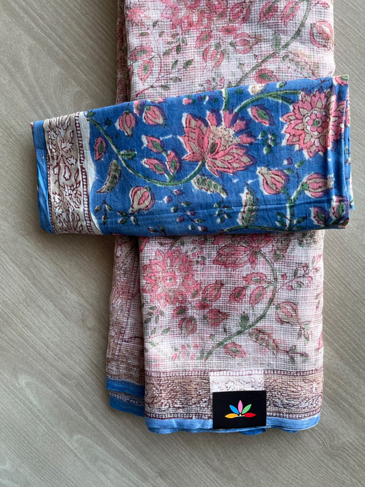 Light Cobalt Blue & Off-White Hand block Printed Kota Doria Saree - 36211-36214