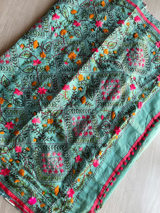 Handcrafted Phulkari Embroidery Chanderi Cotton Silk Saree - 36231