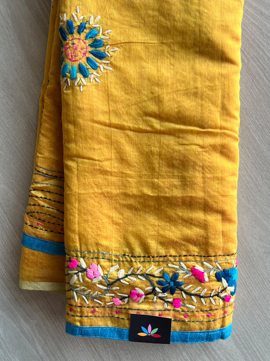 Handcrafted Phulkari Embroidery Chanderi Cotton Silk Saree - 36232