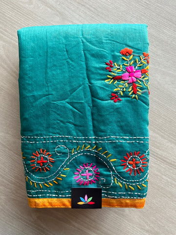 Handcrafted Phulkari Embroidery Chanderi Cotton Silk Saree - 36233