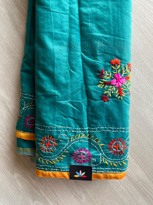 Handcrafted Phulkari Embroidery Chanderi Cotton Silk Saree - 36233