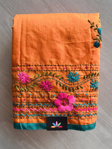 Handcrafted Phulkari Embroidery Chanderi Cotton Silk Saree - 36234