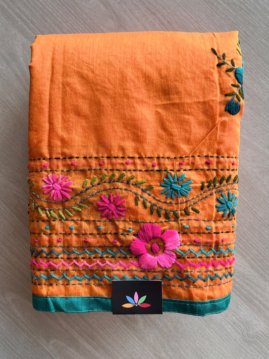 Handcrafted Phulkari Embroidery Chanderi Cotton Silk Saree - 36234