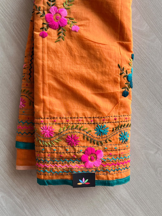 Handcrafted Phulkari Embroidery Chanderi Cotton Silk Saree - 36234