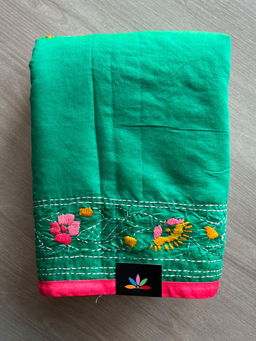Handcrafted Phulkari Embroidery Chanderi Cotton Silk Saree - 36235